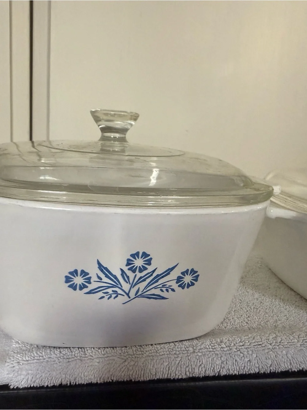 Corningware White Casserole Dishes with Blue Cone Flower Motif